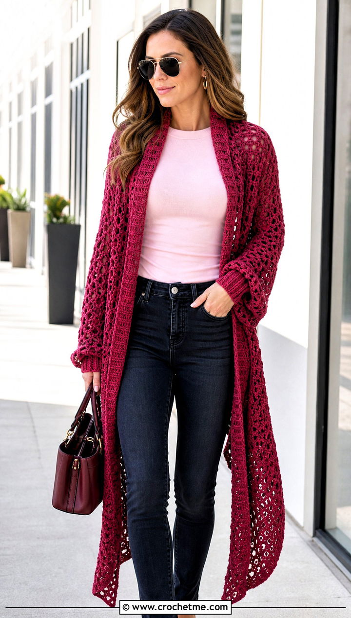 Longline Crochet Sleeve Scarf With Skinny Jeans - 30 crochet sleeve scarf outfit ideas