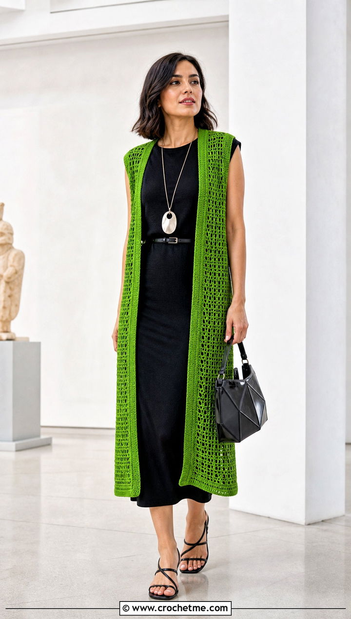 Longline Crochet Slipover Vest With Column Dress - 15 crochet slip over vest outfit ideas
