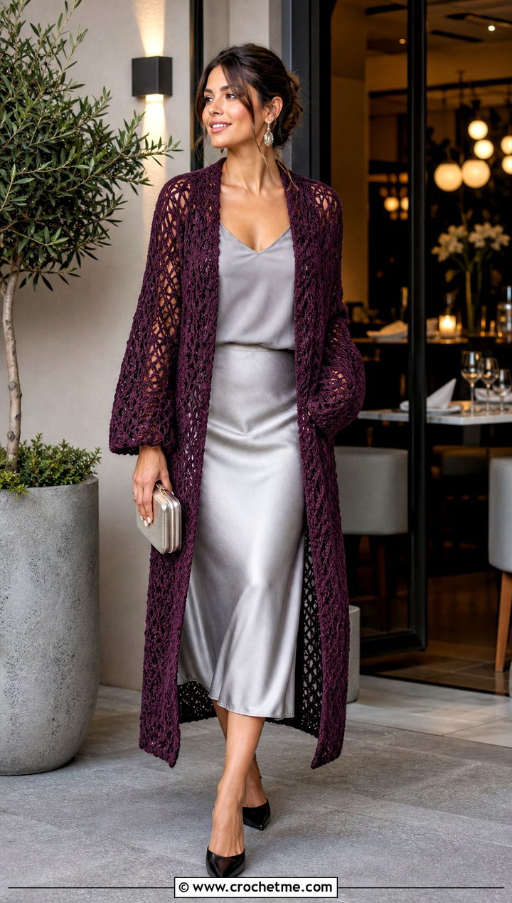 Longline Crochet Slouchy Cardigan With Satin Midi Skirt - 20 Crochet Slouchy Cardigan outfit ideas