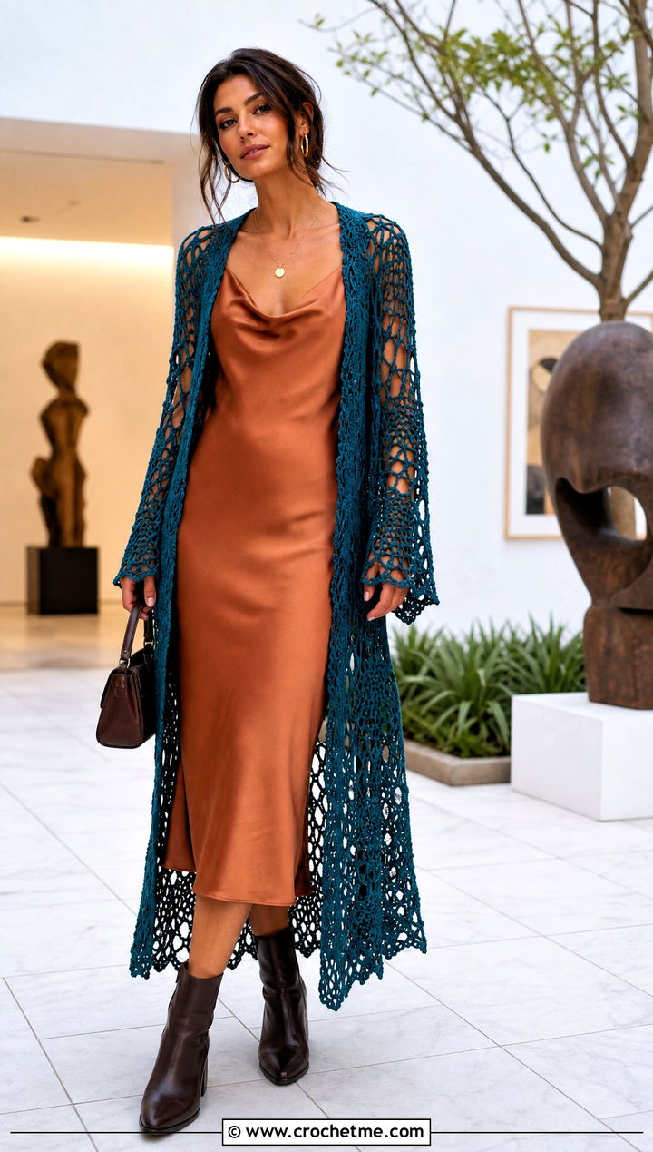 Longline Crochet Spider Web Cardigan With Slip Dress - 25 Crochet Spider Web Cardigan outfit ideas