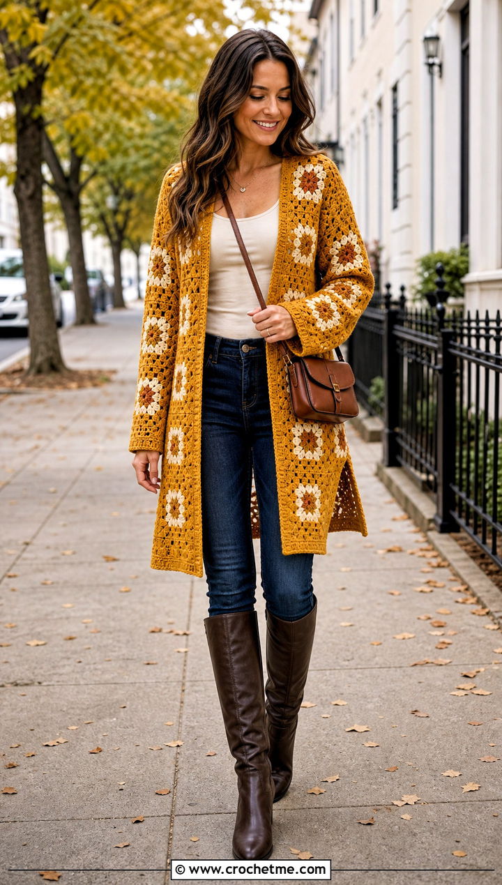 Longline Crochet Square Sweater With Skinny Jeans - 35 Crochet Square Sweater outfit ideas