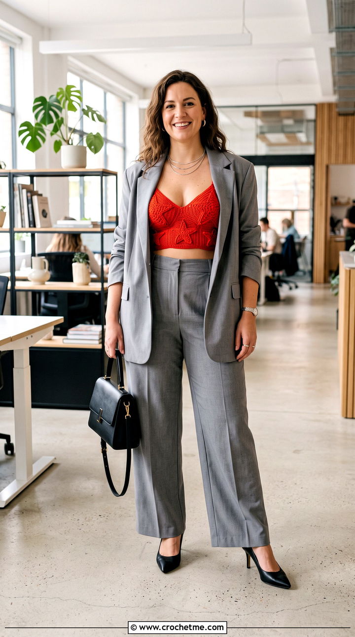Longline Crochet Star Bra With Trouser Suit - 30 crochet star bra outfit ideas