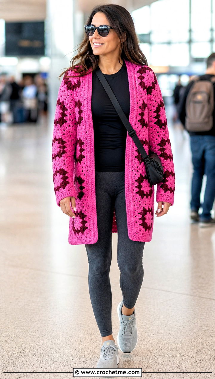 Longline Crochet Star Granny Square Cardigan With Leggings - 25 Crochet Star Granny Square Cardigan outfit ideas