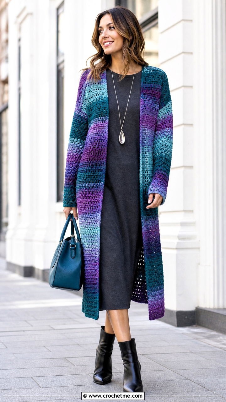 Longline Crochet Striped Cardigan Sweater With Column Dress - 35 crochet striped sweater outfit ideas