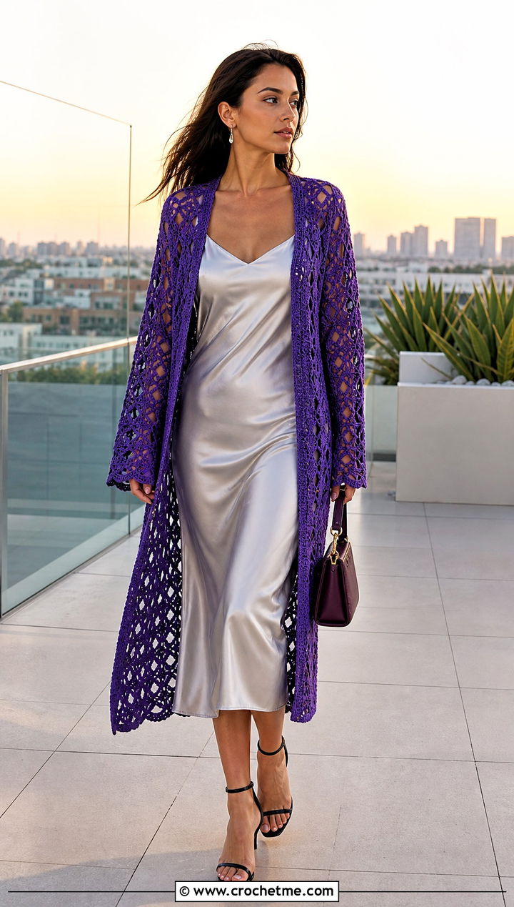 Longline Crochet Summer Kimono With Slip Dress - 30 crochet summer kimono outfit ideas