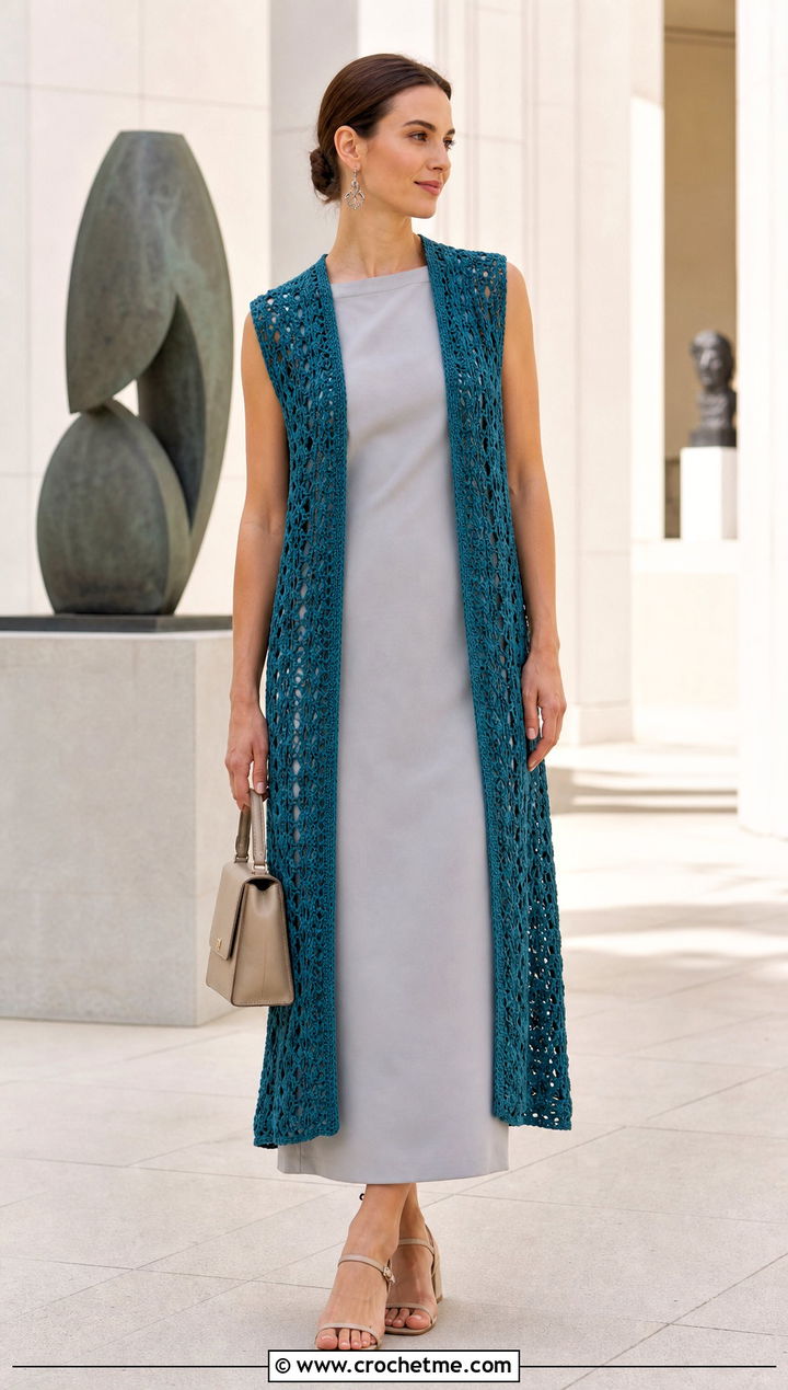 Longline Crochet Summer Vest With a Column Dress - 35 Crochet Summer Vest outfit ideas