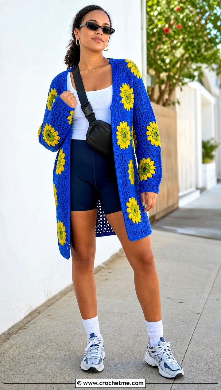 Longline Crochet Sunflower Sweater With Bike Shorts - 35 crochet sunflower sweater outfit ideas