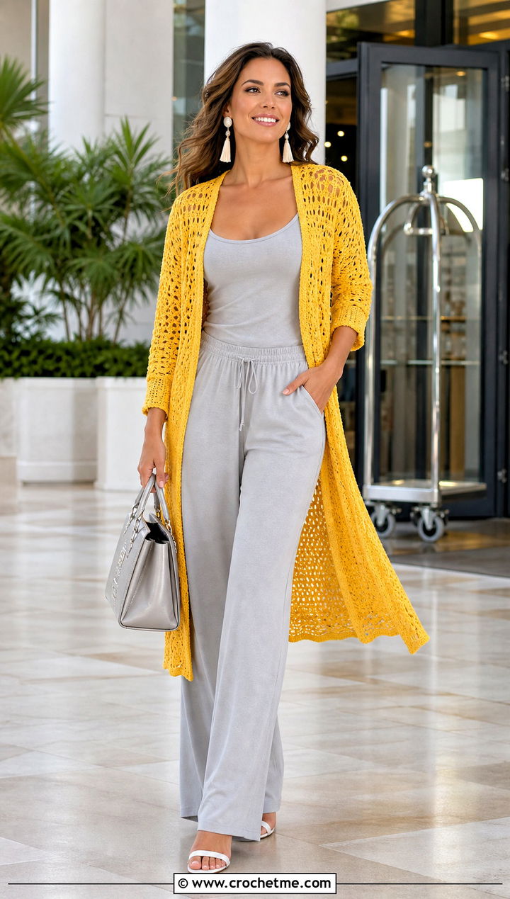 Longline Crochet Sweater Cardigan With Matching Separates - 25 summer crochet sweaters outfit ideas