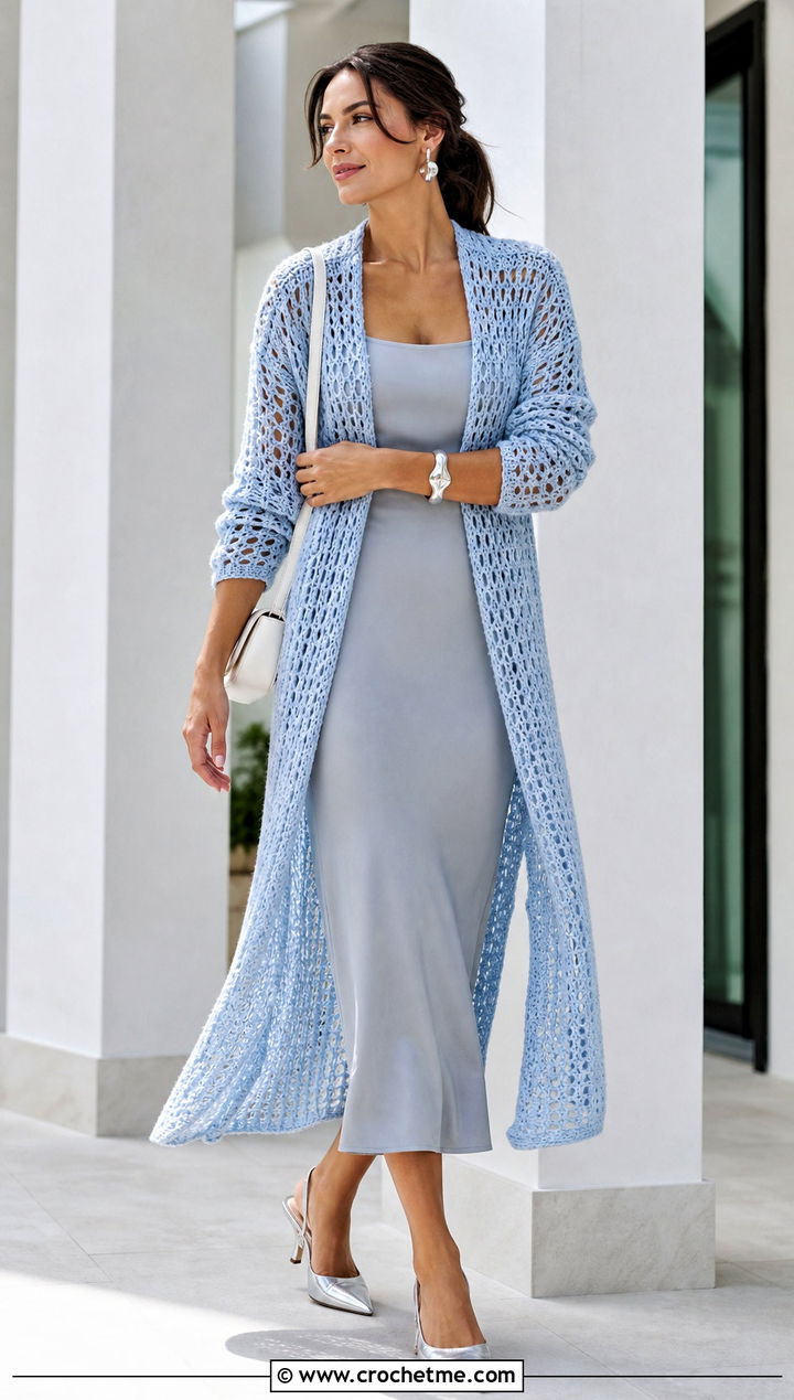 Longline Crochet Sweater Coat With A Column Dress - 20 Crochet Sweater Coat outfit ideas