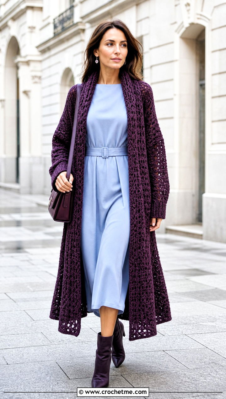 Longline Crochet Sweater Scarf With Sleeves And Belted Midi Dress - 25 crochet sweater scarf with sleeves outfit ideas