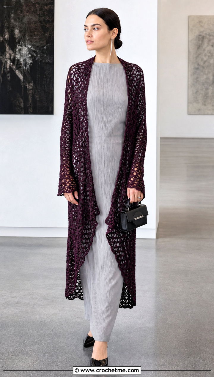 Longline Crochet Sweater Shawl With Column Dress - 25 crochet sweater shawl outfit ideas