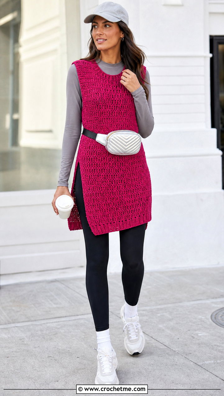 Longline Crochet Sweater Vest With Leggings - 25 diy crochet sweater vest outfit ideas