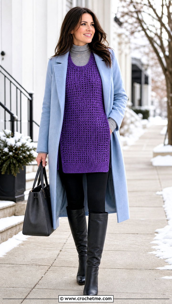 Longline Crochet Sweater Vest With Leggings And Boots - 15 Handmade Crochet Sweater Vest outfit ideas