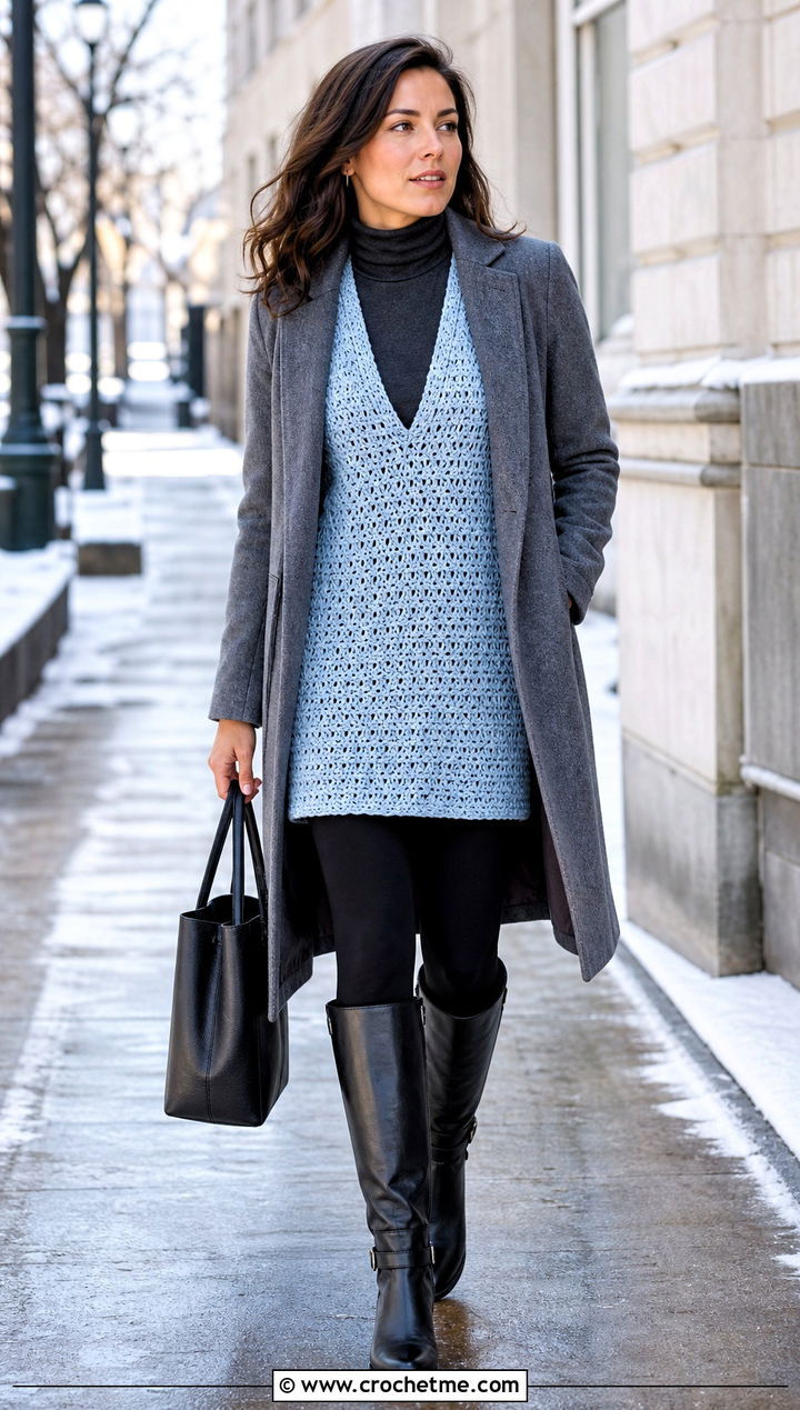 Longline Crochet Sweater Vest With Leggings And Boots - 15 basic crochet sweater vest outfit ideas