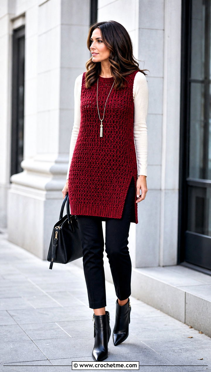 Longline Crochet Sweater Vest With Slim Pants - 25 easy crochet sweater vest outfit ideas