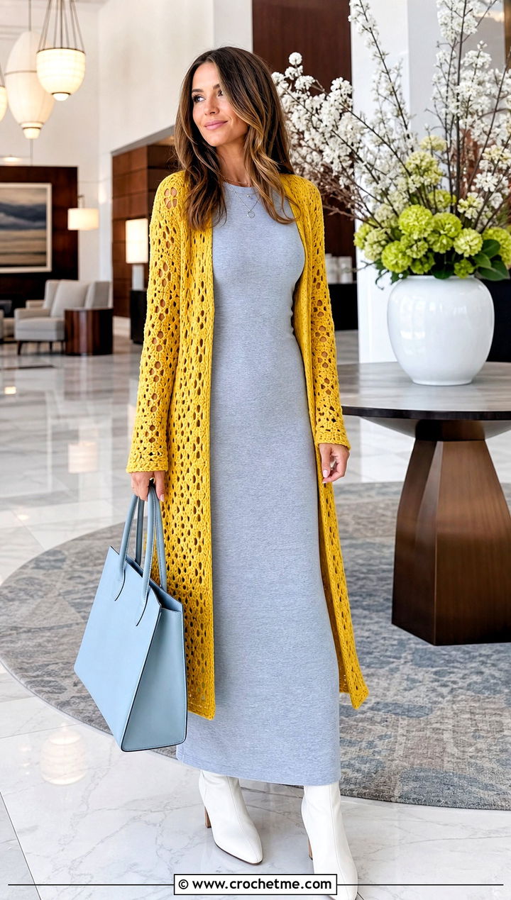 Longline Crochet Sweater With Column Dress - 35 cute crochet sweater outfit ideas