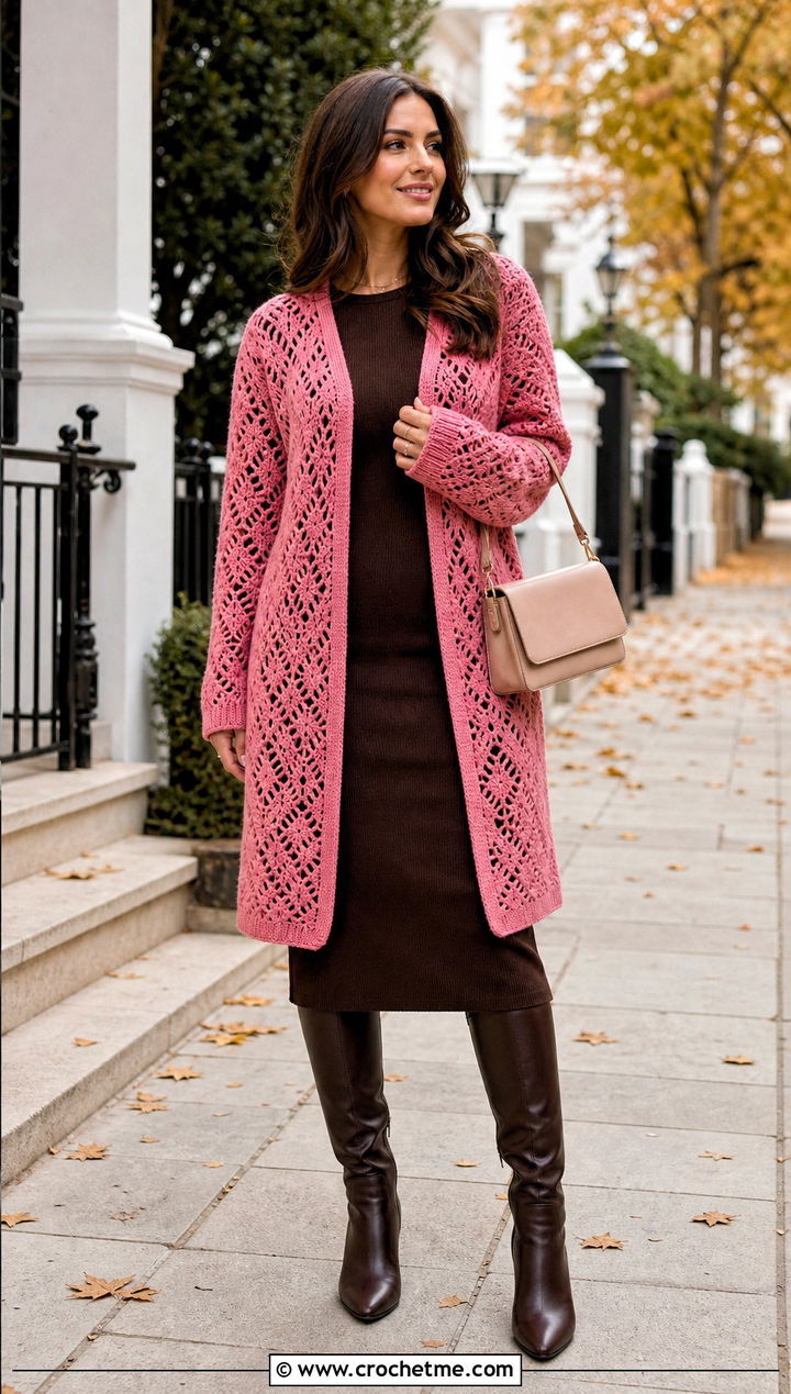 Longline Crochet Sweater With Knit Dress - 35 simple crochet sweater outfit ideas