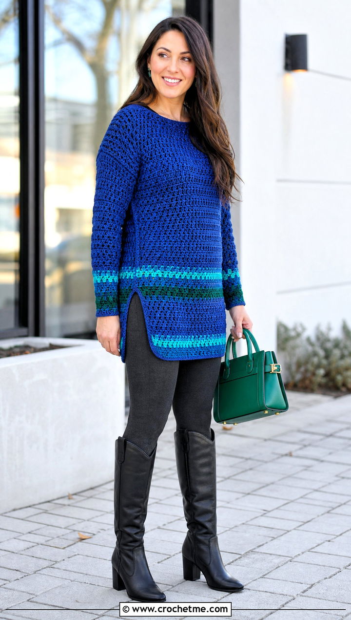 Longline Crochet Sweater With Leggings And Boots - 25 Colorful Crochet Sweater Ideas