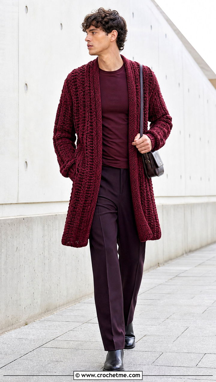 Longline Crochet Sweater With Monochrome Trousers - 30 crochet sweater for man outfit ideas