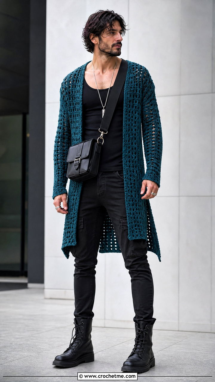 Longline Crochet Sweater With Slim Cargo Pants - 35 crochet mens sweater outfit ideas