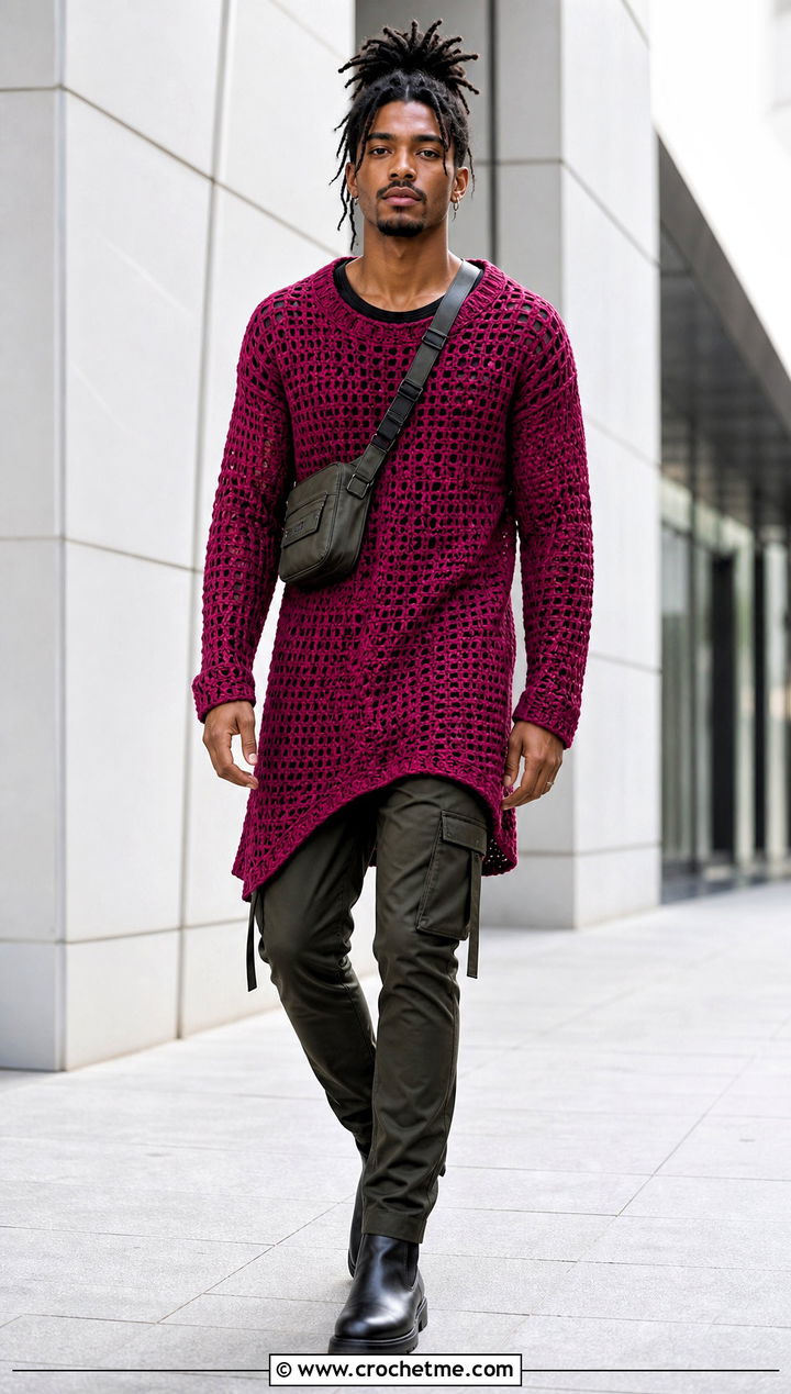 Longline Crochet Sweater With Slim Cargo Pants - 35 crochet man sweaters outfit ideas