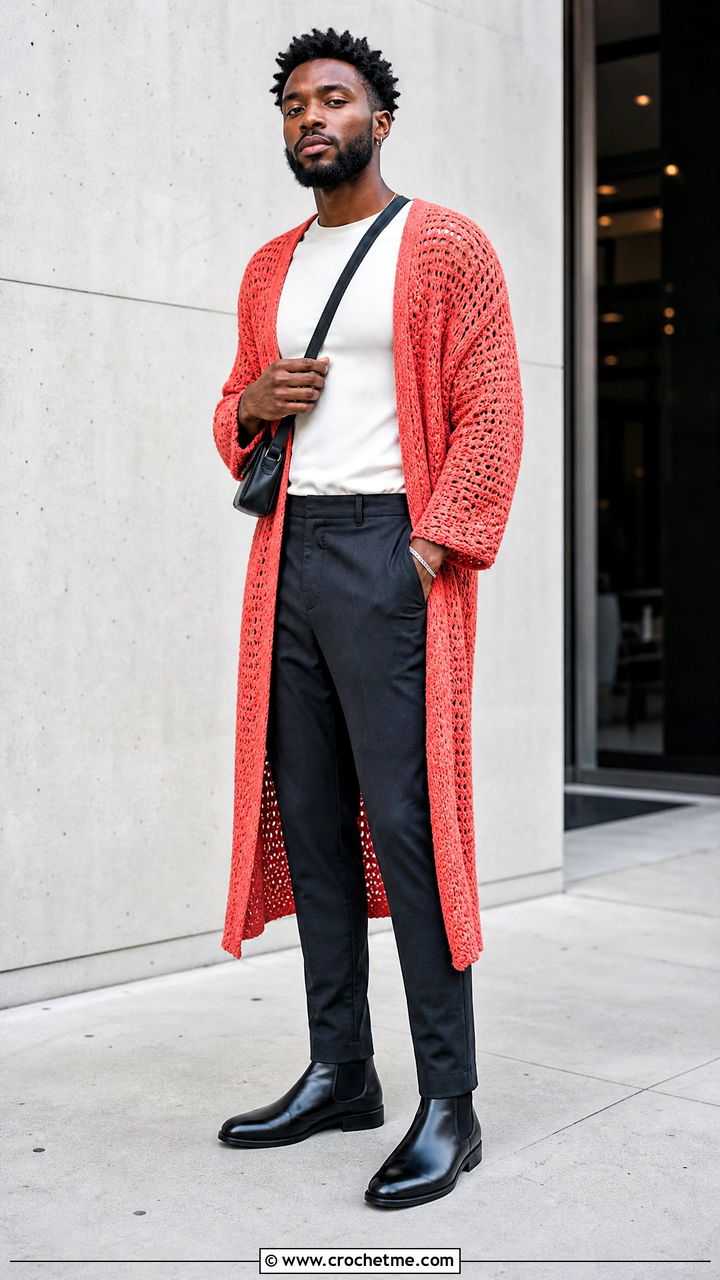 Longline Crochet Sweater With Slim Trousers - 35 crochet sweater for men outfit ideas