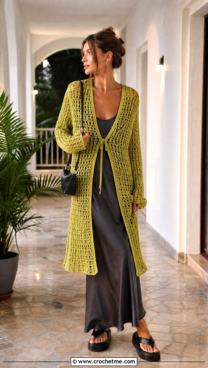 Longline Crochet Sweater With Slip Dress - 25 90s crochet sweater outfit ideas