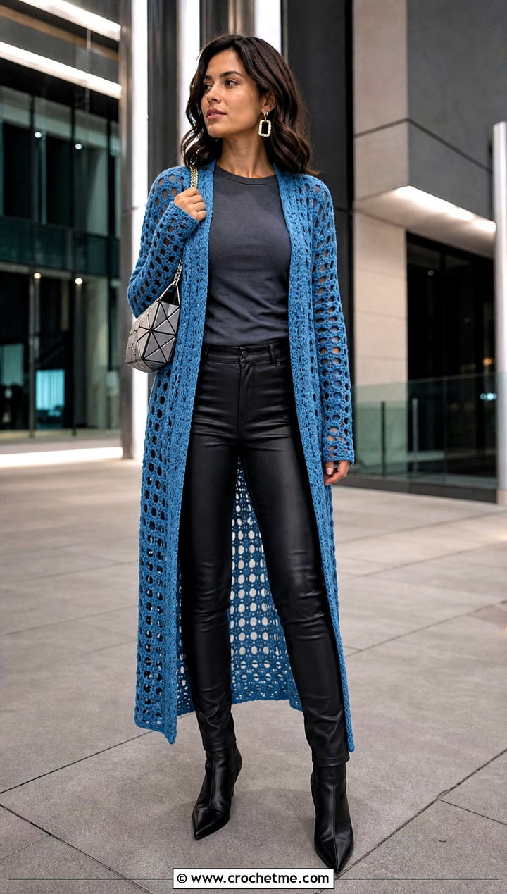 Longline Crochet Sweater Wrap With Leather Pants - 30 crochet sweater wrap outfit ideas