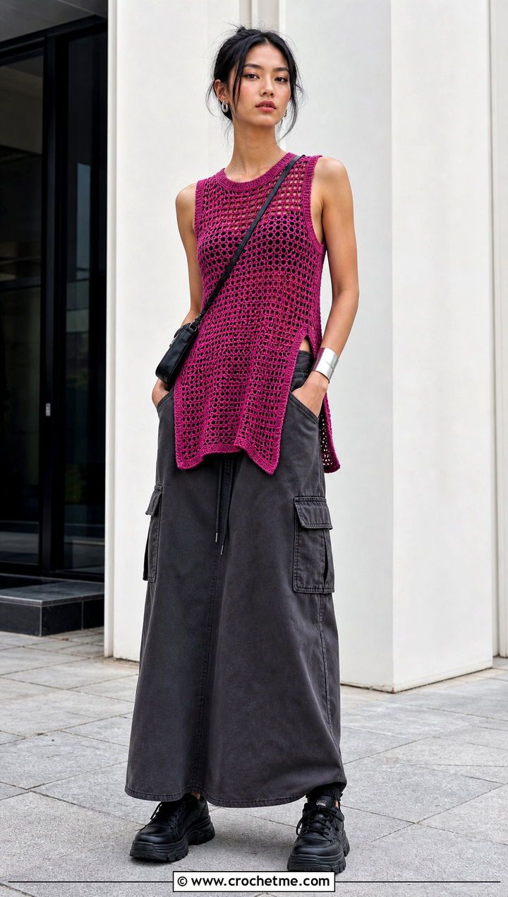 Longline Crochet Tank Top With Cargo Maxi Skirt - 15 Once Upon A Time In Hollywood Crochet Top outfit ideas