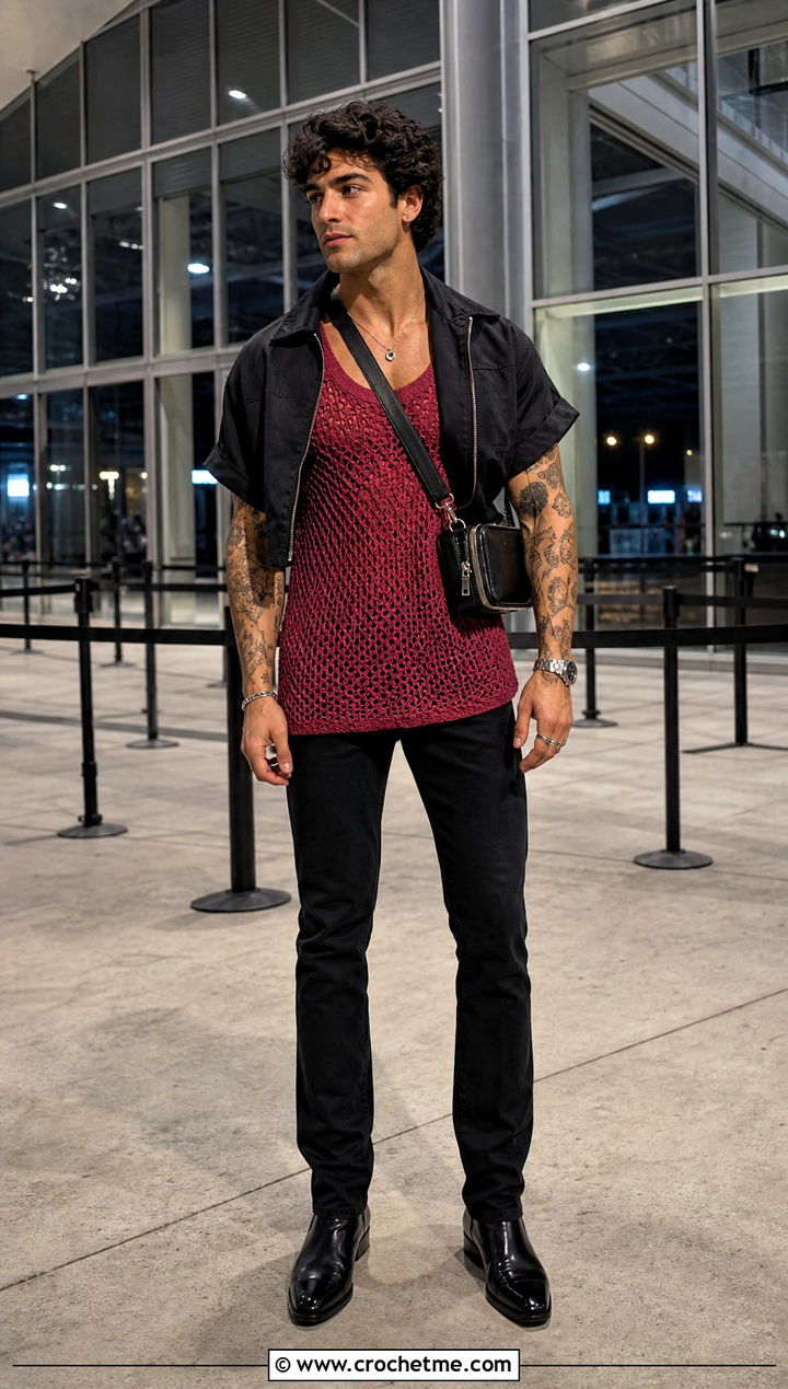 Longline Crochet Tank Top With Slim Black Jeans - 25 crochet mens tank top outfit ideas