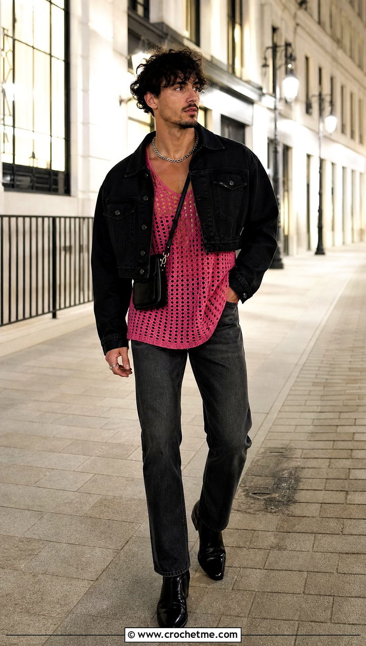 Longline Crochet Tank Top With Slim Jeans - 30 Mens Crochet Tank Top outfit ideas