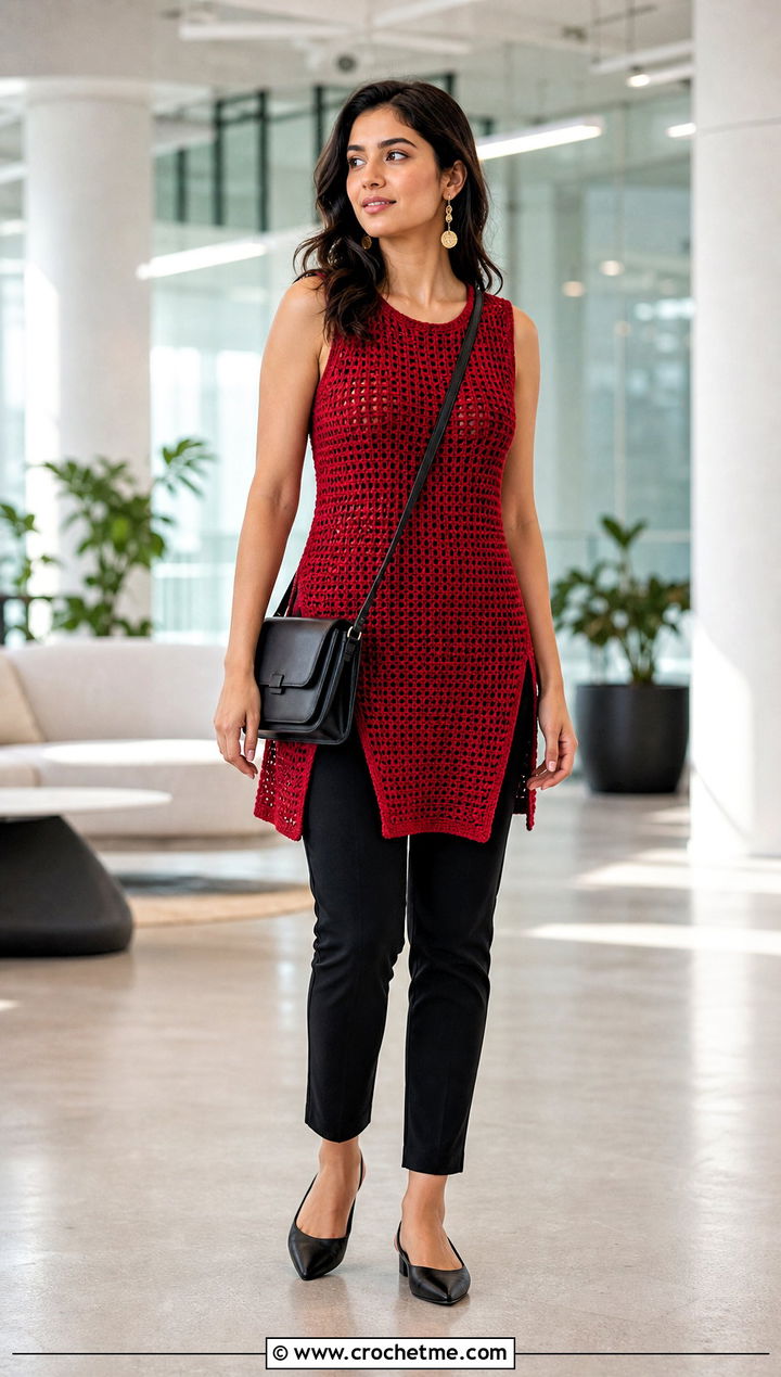 Longline Crochet Tank With Slim Trousers - 35 crochet tank outfit ideas