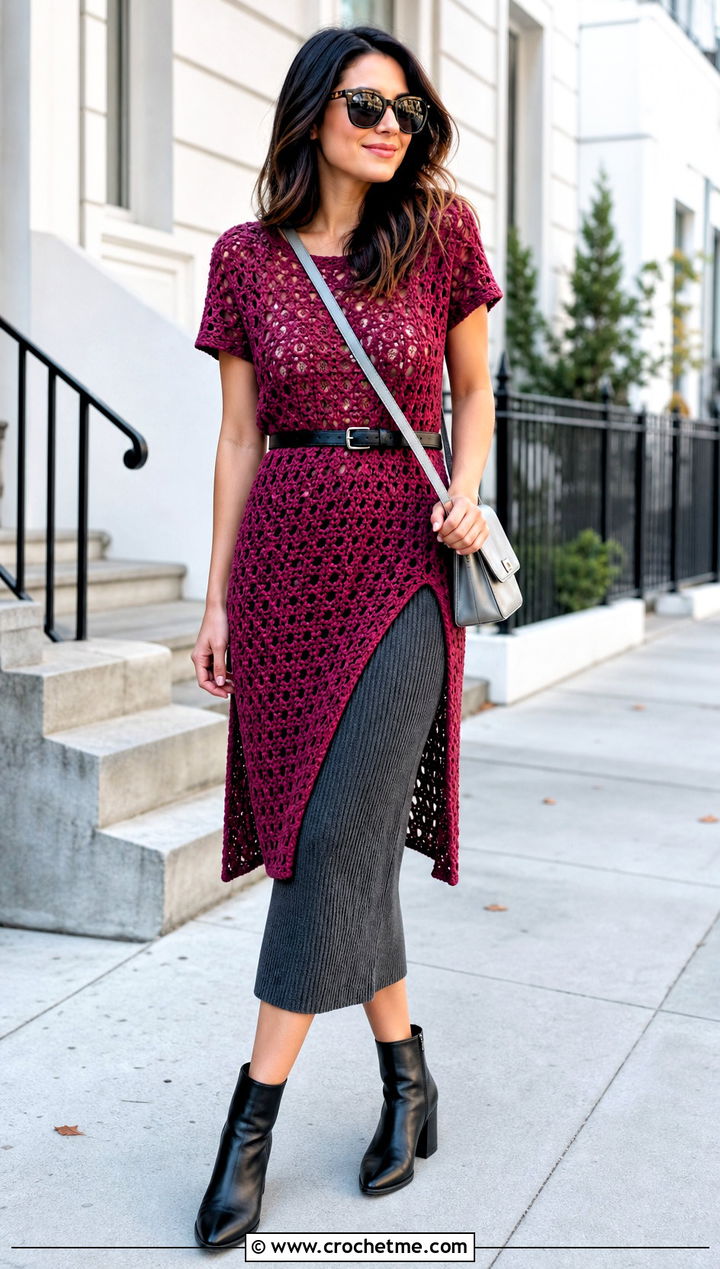 Longline Crochet Tee With Ribbed Knit Skirt - 35 crochet tee shirt outfit ideas