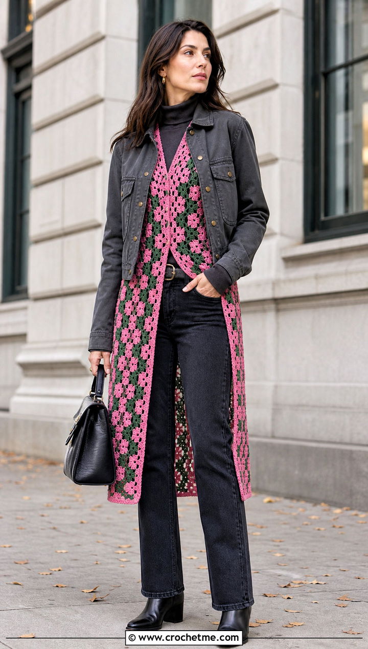Longline Crochet Top With Layered Fall Outfit - 30 pink and green crochet top outfit ideas