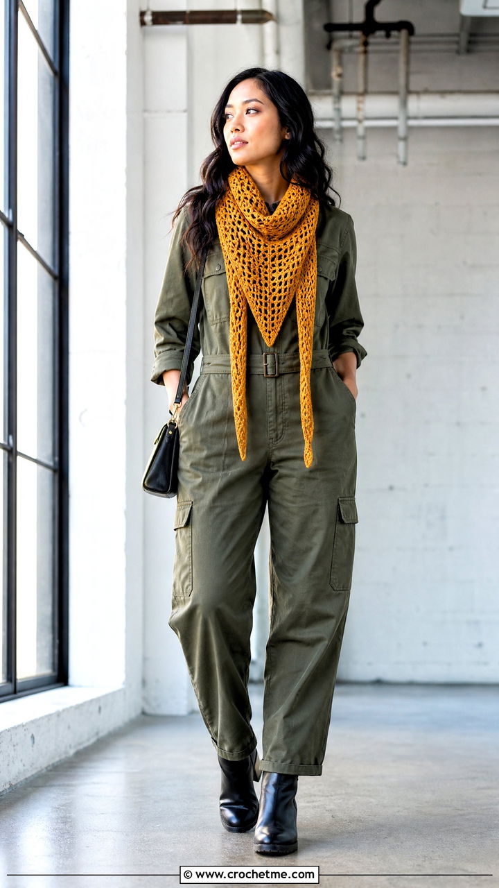 Longline Crochet Triangle Scarf With Utility Jumpsuit And Boots - 35 crochet triangle scarf outfit ideas