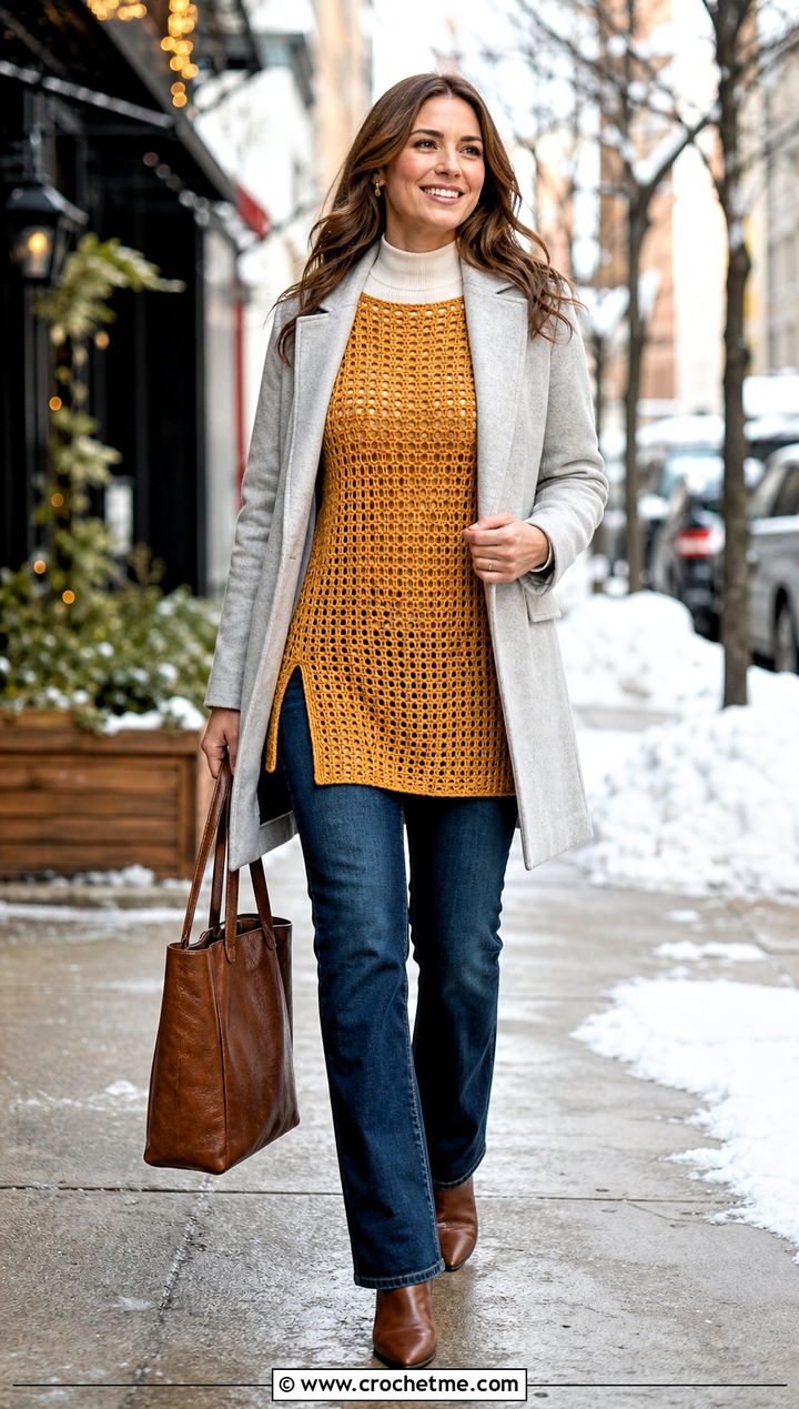Longline Crochet Tunic Sweater With Straight Jeans - 15 Boho Style Crochet Sweater outfit ideas