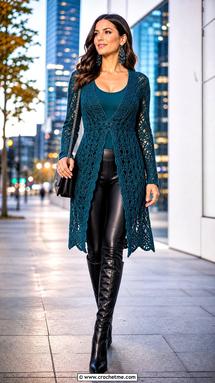 Longline Crochet Tunic Top With Leggings - 35 crochet going out top outfit ideas