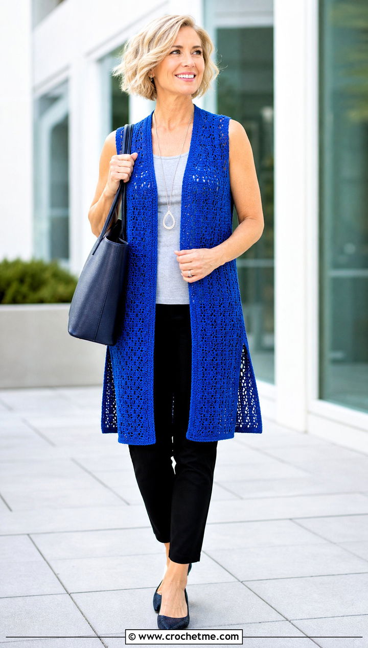 Longline Crochet Tunic Vest With Slim Pants - 35 crochet vests outfit ideas