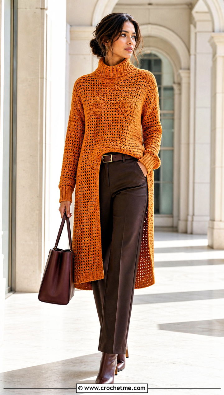 Longline Crochet Turtle Neck Sweater With Belted Trousers - 35 crochet turtle neck sweater outfit ideas