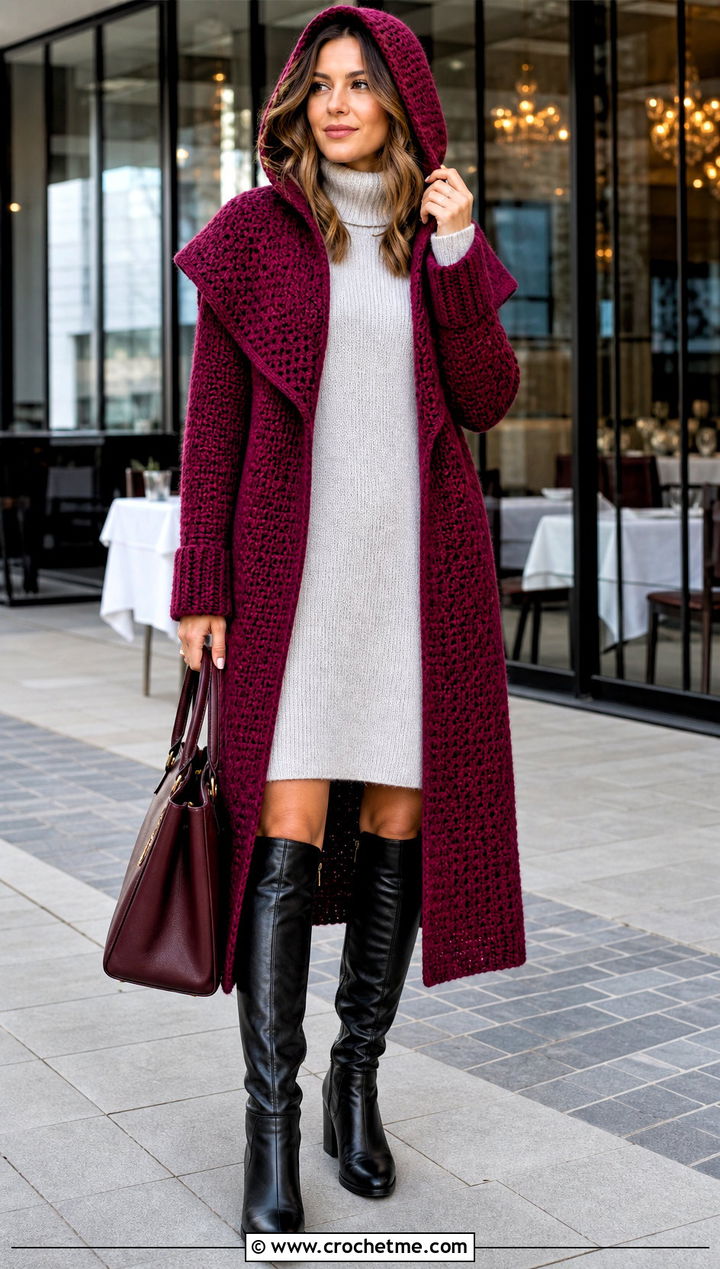 Longline Crochet Turtleneck Hoodie With Sweater Dress - 35 crochet turtleneck hoodie outfit ideas