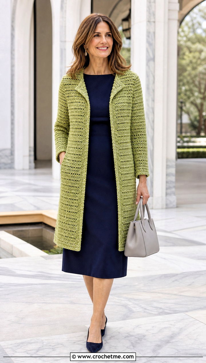 Longline Crochet Tweed Jacket With Column Dress - 30 crochet tweed jacket outfit ideas