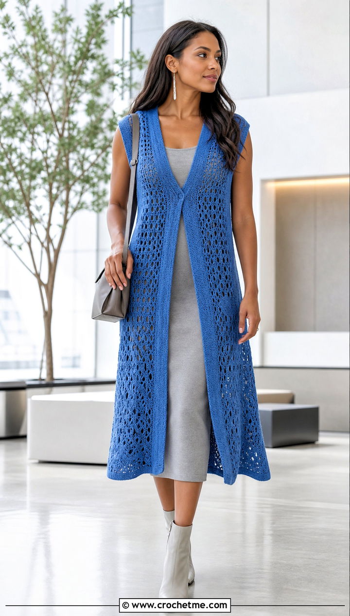 Longline Crochet V Neck Sweater Vest With Column Dress - 25 crochet v neck sweater vest outfit ideas