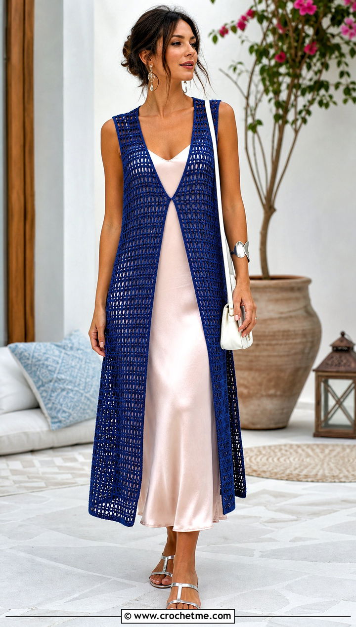 Longline Crochet V Neck Vest Over A Slip Dress - 30 crochet v neck vest outfit ideas