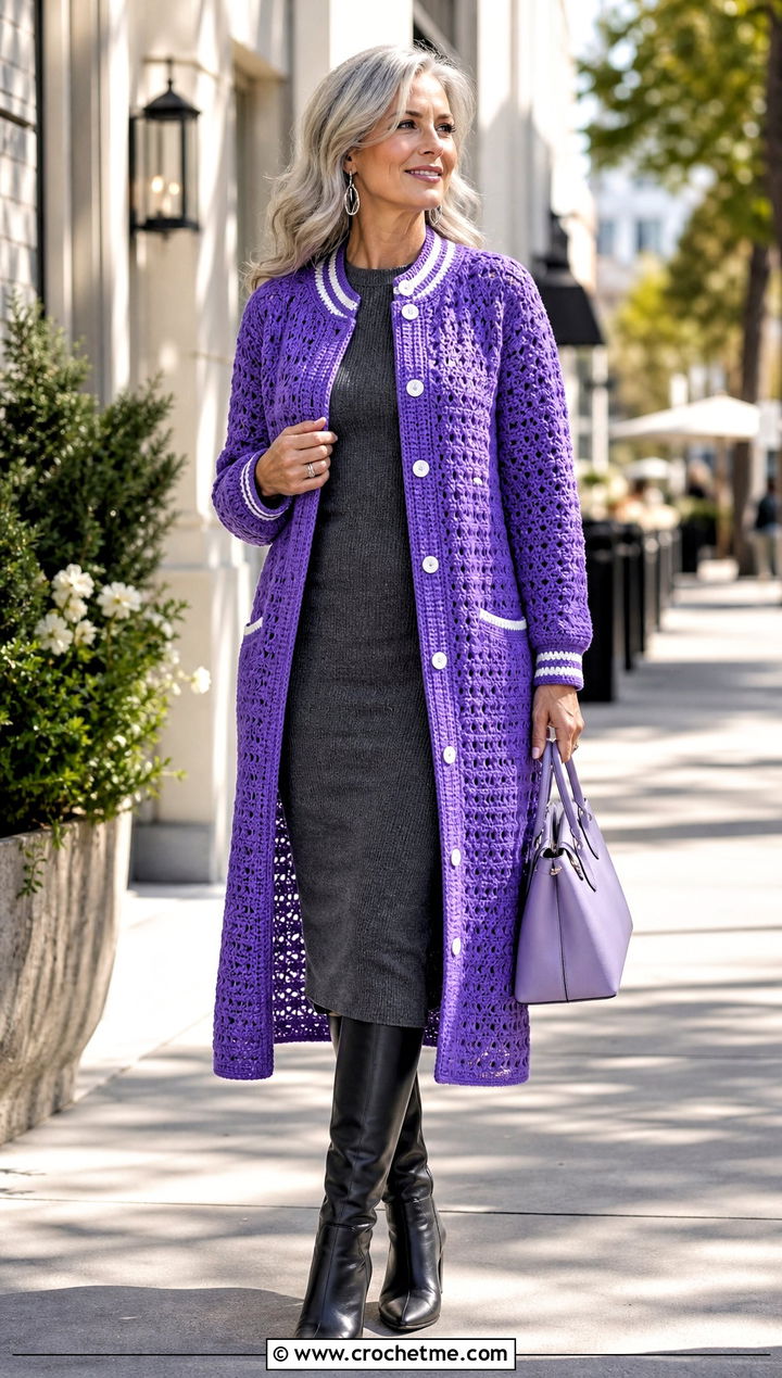 Longline Crochet Varsity Jacket With Knit Dress - 35 crochet varsity jacket outfit ideas