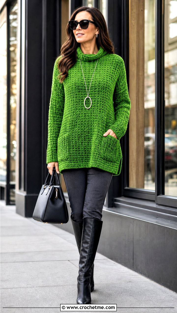 Longline Crochet Velvet Tunic Sweater With Slim Pants - 20 Crochet Velvet Sweater outfit ideas