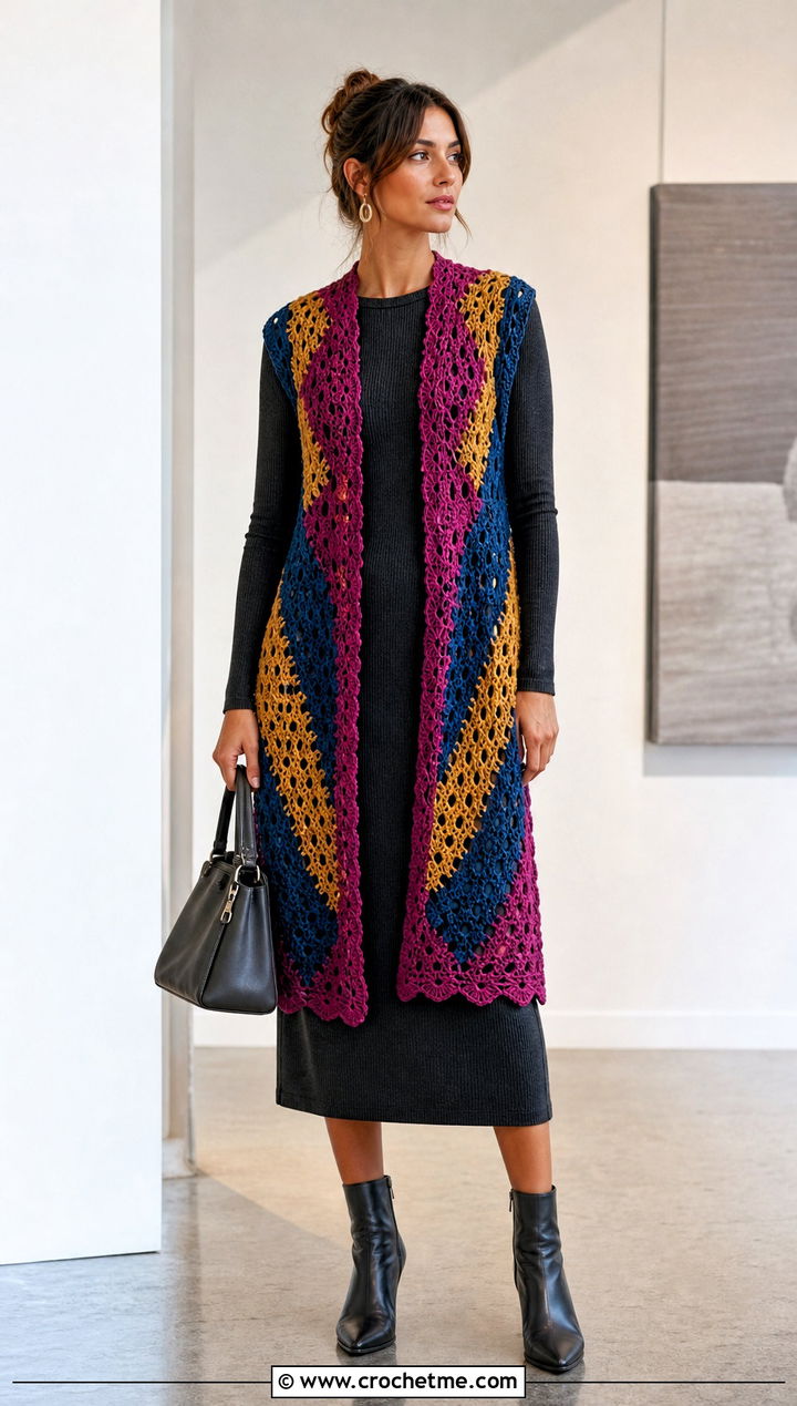 Longline Crochet Vest Top Over Knit Column Dress - 30 multi color crochet top outfit ideas