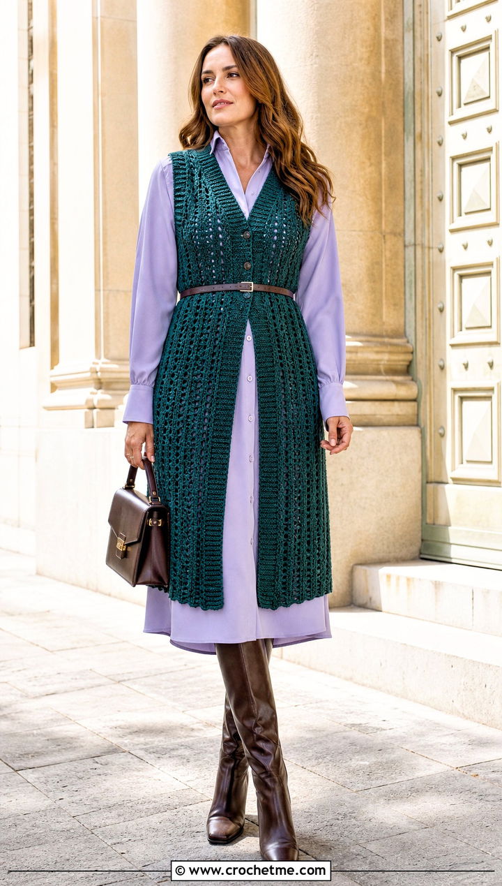 Longline Crochet Vest Top With Shirt Dress - 25 vintage crochet tops outfit ideas