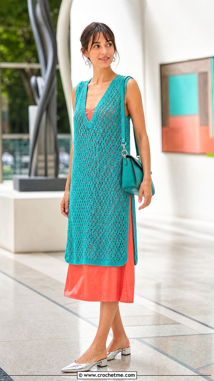 Longline Crochet Vest Top With Slip Dress - 35 aesthetic crochet tops outfit ideas