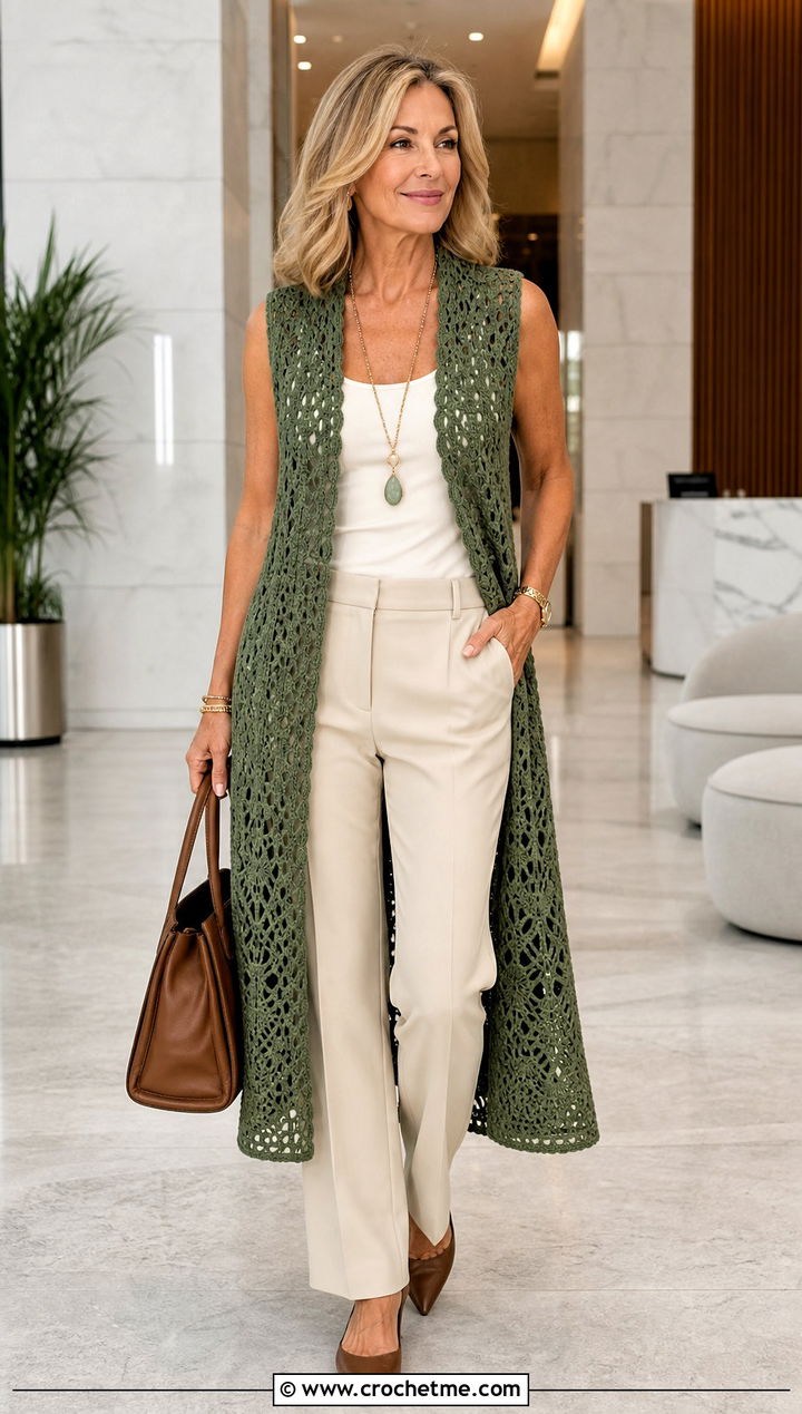Longline Crochet Vest Top With Tailored Pants - 35 Cute Summer Crochet Tops outfit ideas