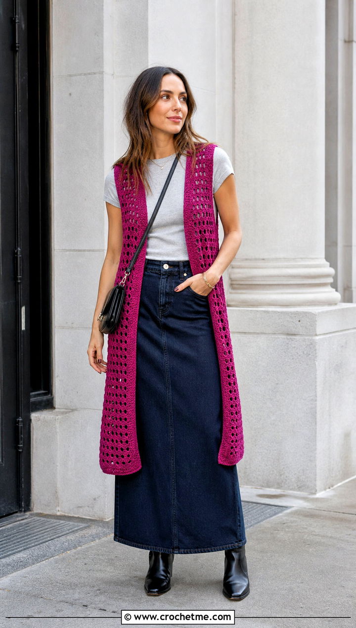 Longline Crochet Vest With A Maxi Skirt - 35 crochet vintage top outfit ideas